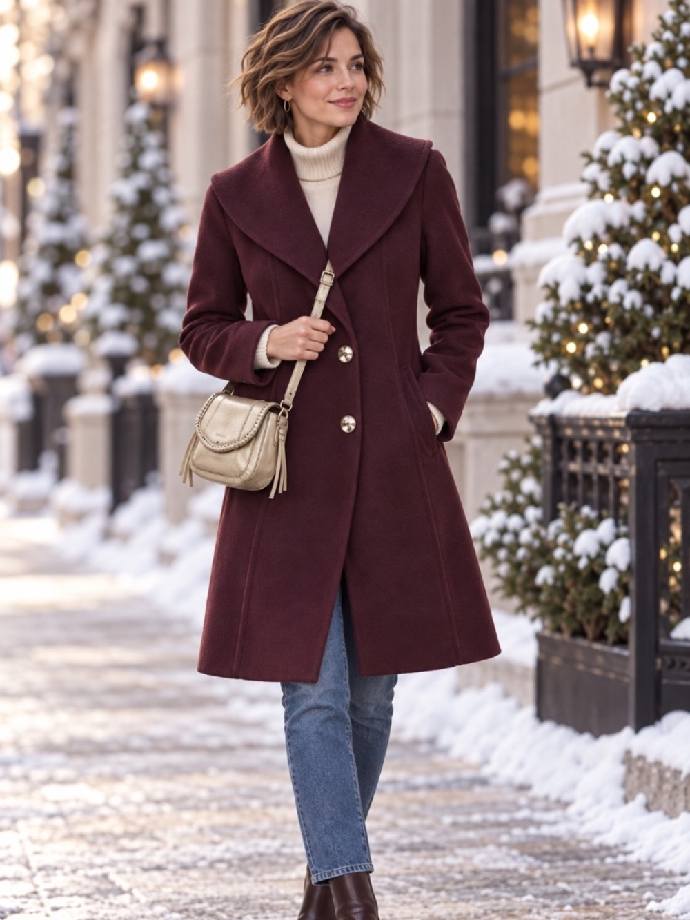 Anne Klein Burgundy Wool Blend A-Line Coat